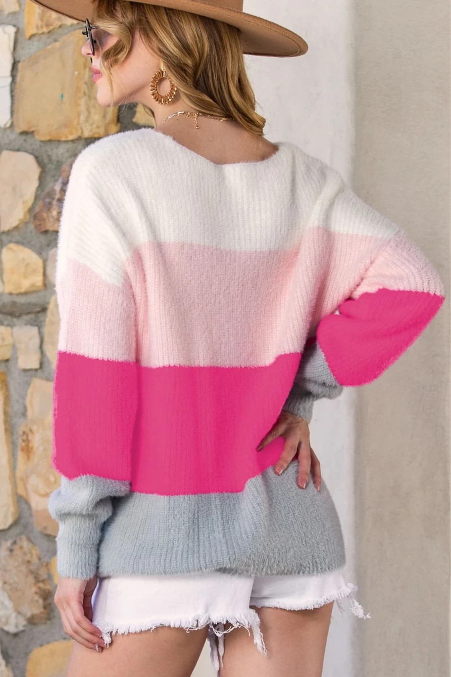 Shewin Women's Striped V-Neck Colorblock Fuzzy Knit Sweater