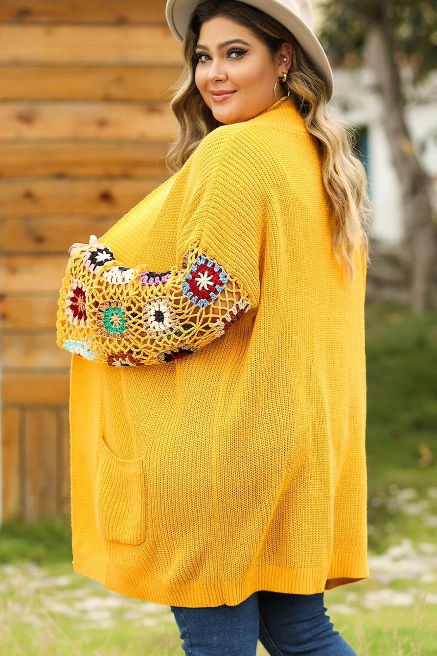 Shewin Women's Plus Size Ginger Floral Crochet Cardigan Open Front Lace Sleeve Cover-Up