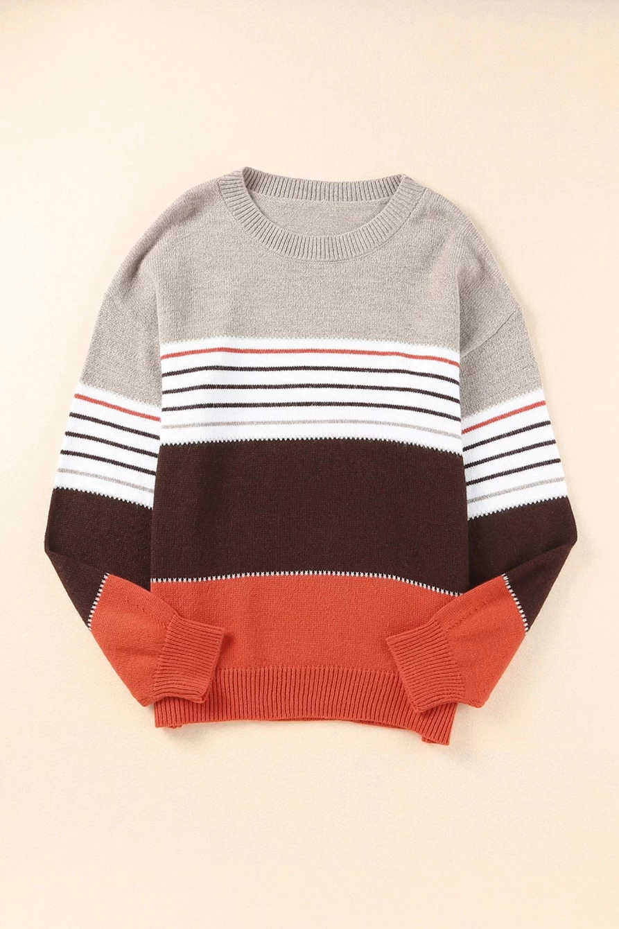 Shewin Women's Red Oversized Color Block Striped Knit Sweater Casual Comfortable