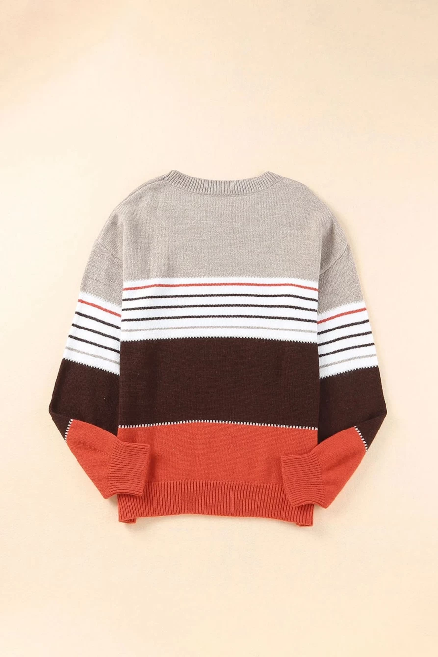 Shewin Women's Red Oversized Color Block Striped Knit Sweater Casual Comfortable