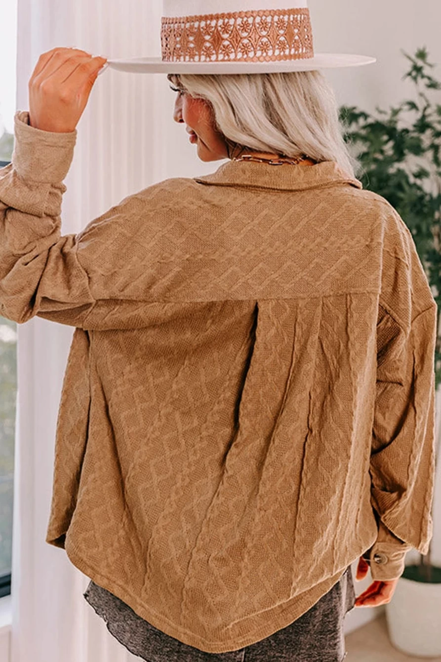 Women's Camel Textured Knit Shacket with Flap Pockets by Shewin