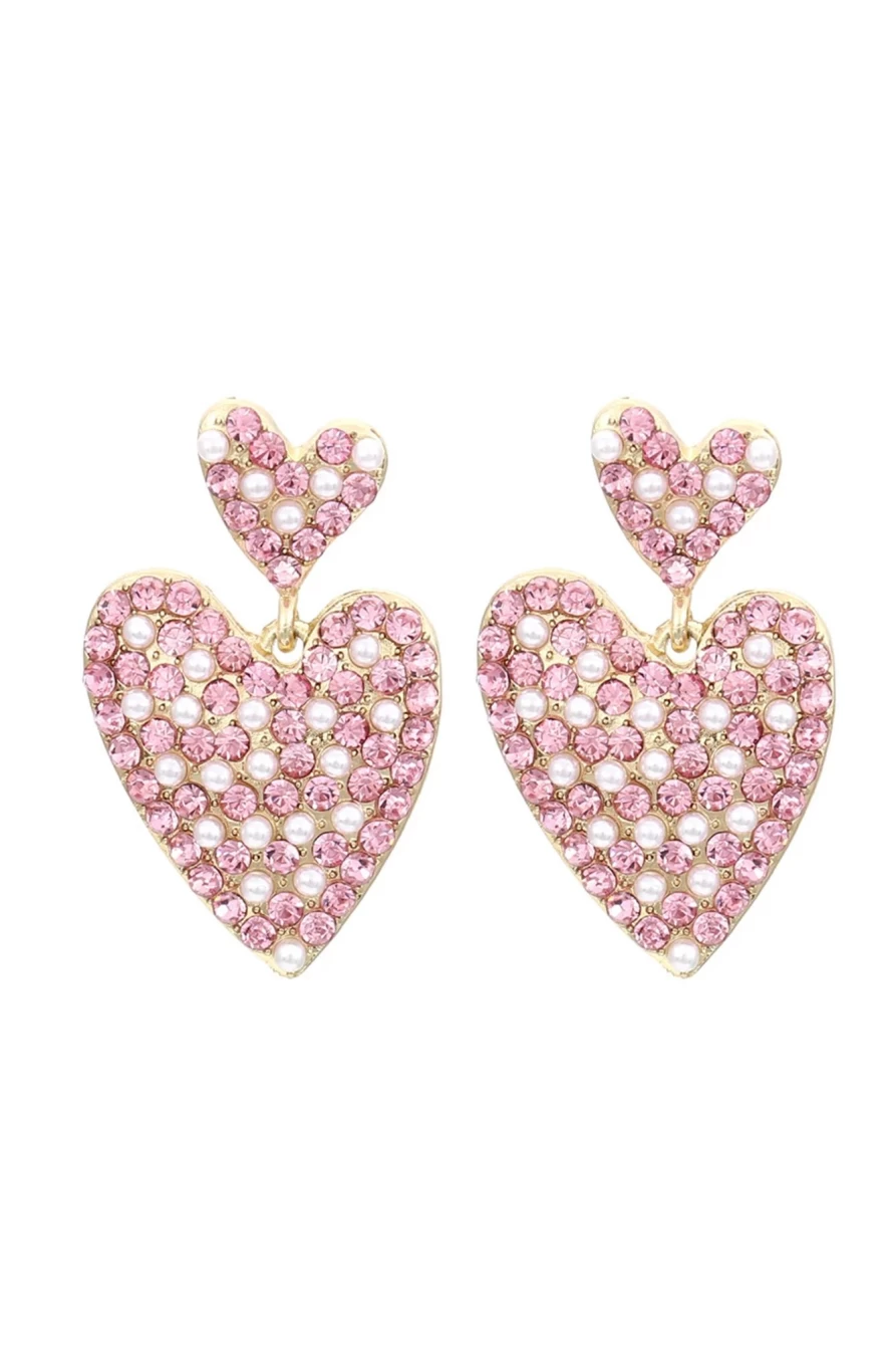 Shewin Pink Rhinestone Pearl Heart-Shaped Valentine's Day Earrings for Women