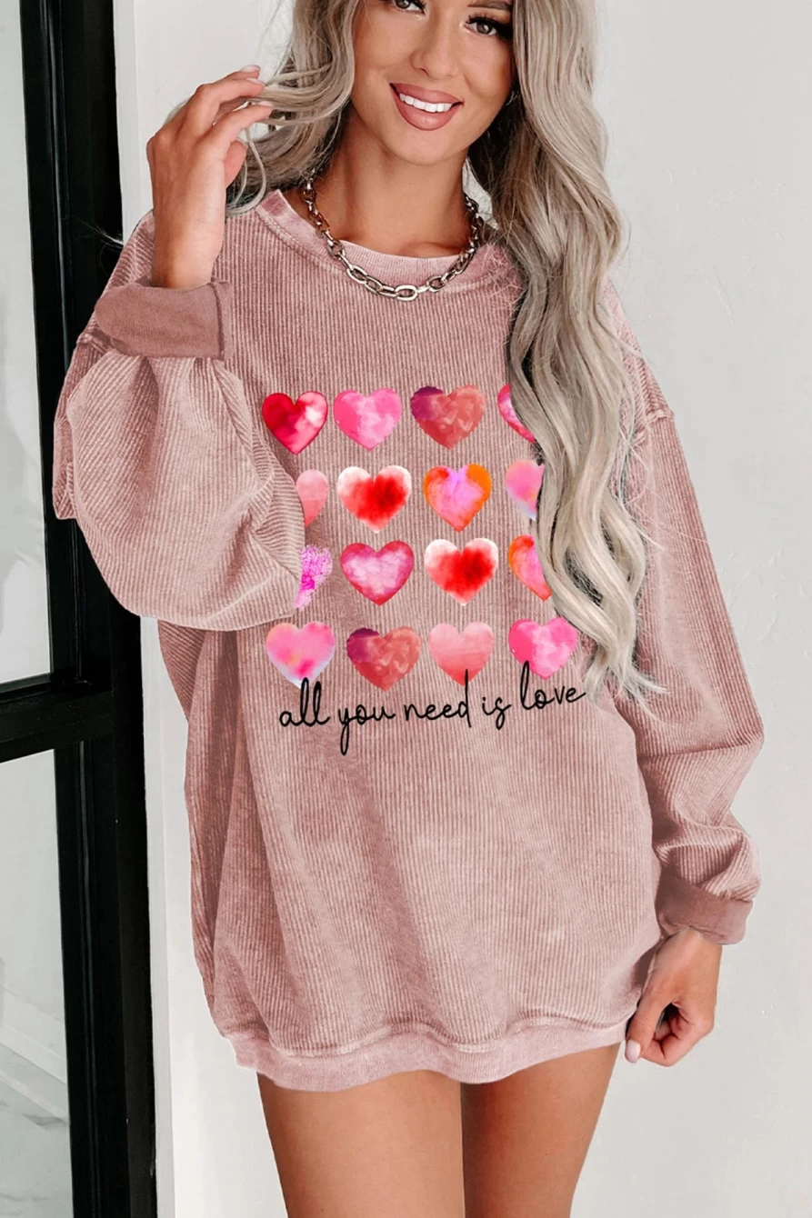 Shewin Women's Pink Valentine Heart Print Sweatshirt - Cute Graphic Pullover for Valentine's Day