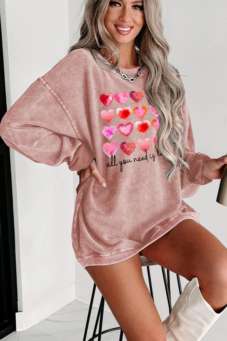 Shewin Women's Pink Valentine Heart Print Sweatshirt - Cute Graphic Pullover for Valentine's Day