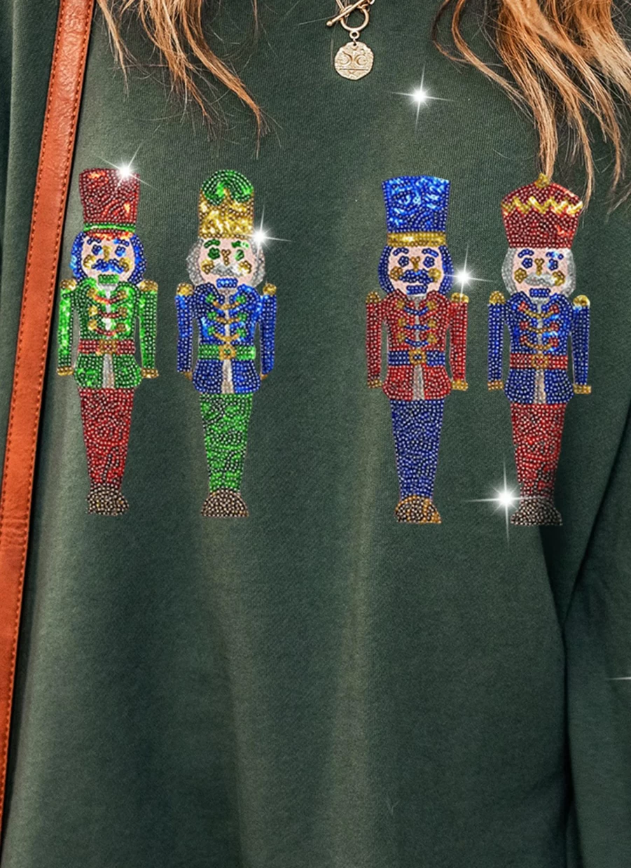 Shewin Women's Duffel Green Sequined Graphic Sweatshirt - Round Neck Sparkly Casual Pullover