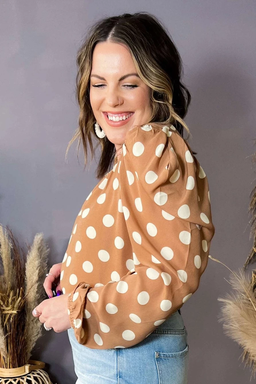 Shewin Women's Plus Size Khaki Polka Dot Blouse with Ruched Neckline & Puff Sleeves