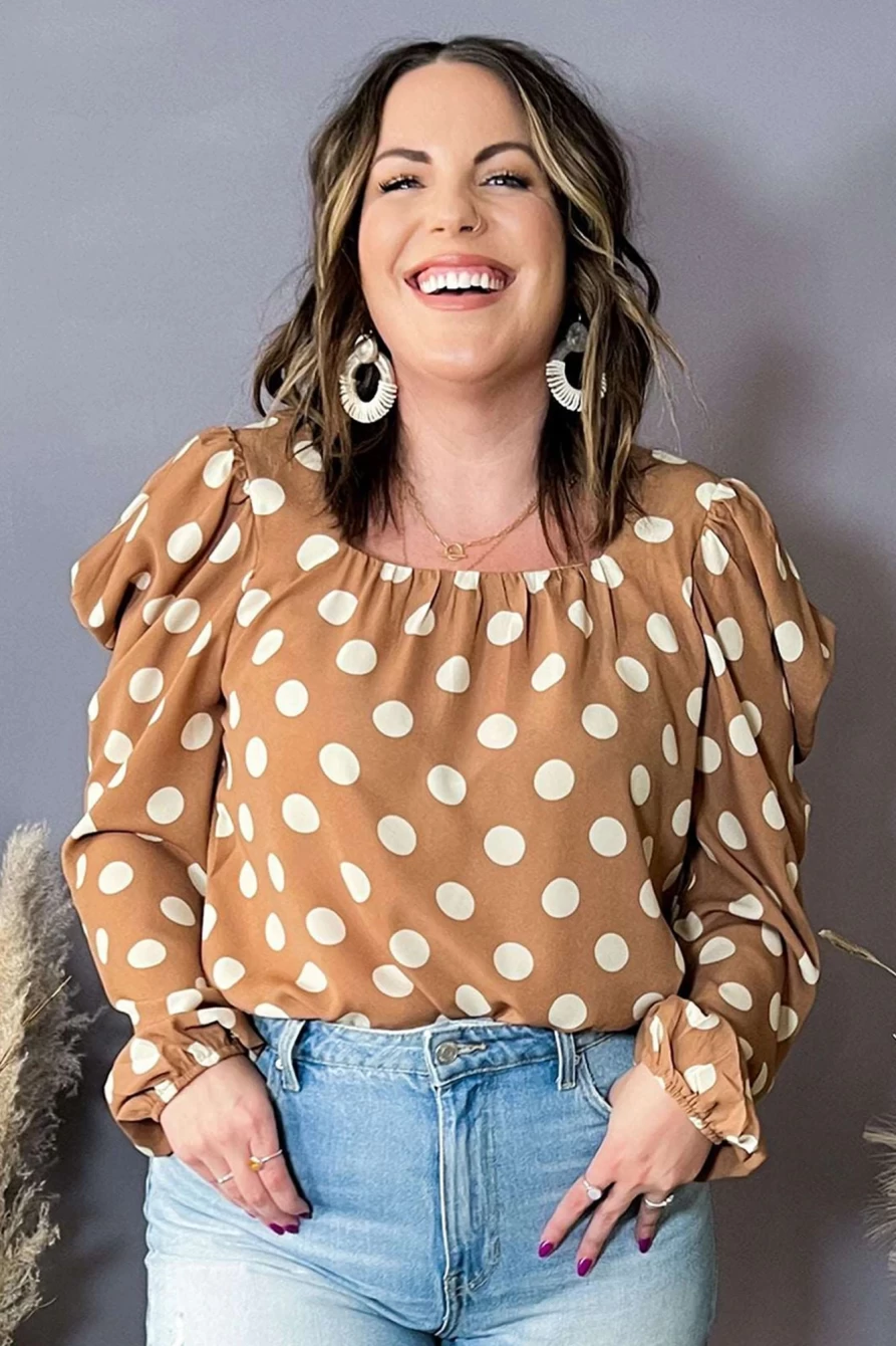 Shewin Women's Plus Size Khaki Polka Dot Blouse with Ruched Neckline & Puff Sleeves