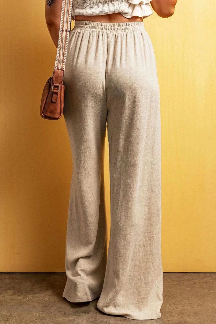 Shewin Women's Apricot Wide Leg Lace-Up Waist Floor Length Casual Pants