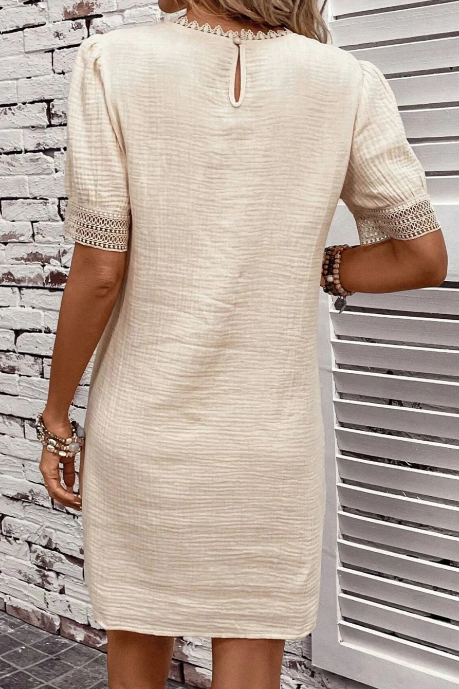 Shewin Women's Beige Crinkled Lace Trim Puff Sleeve Mini Dress with Splicing Detail