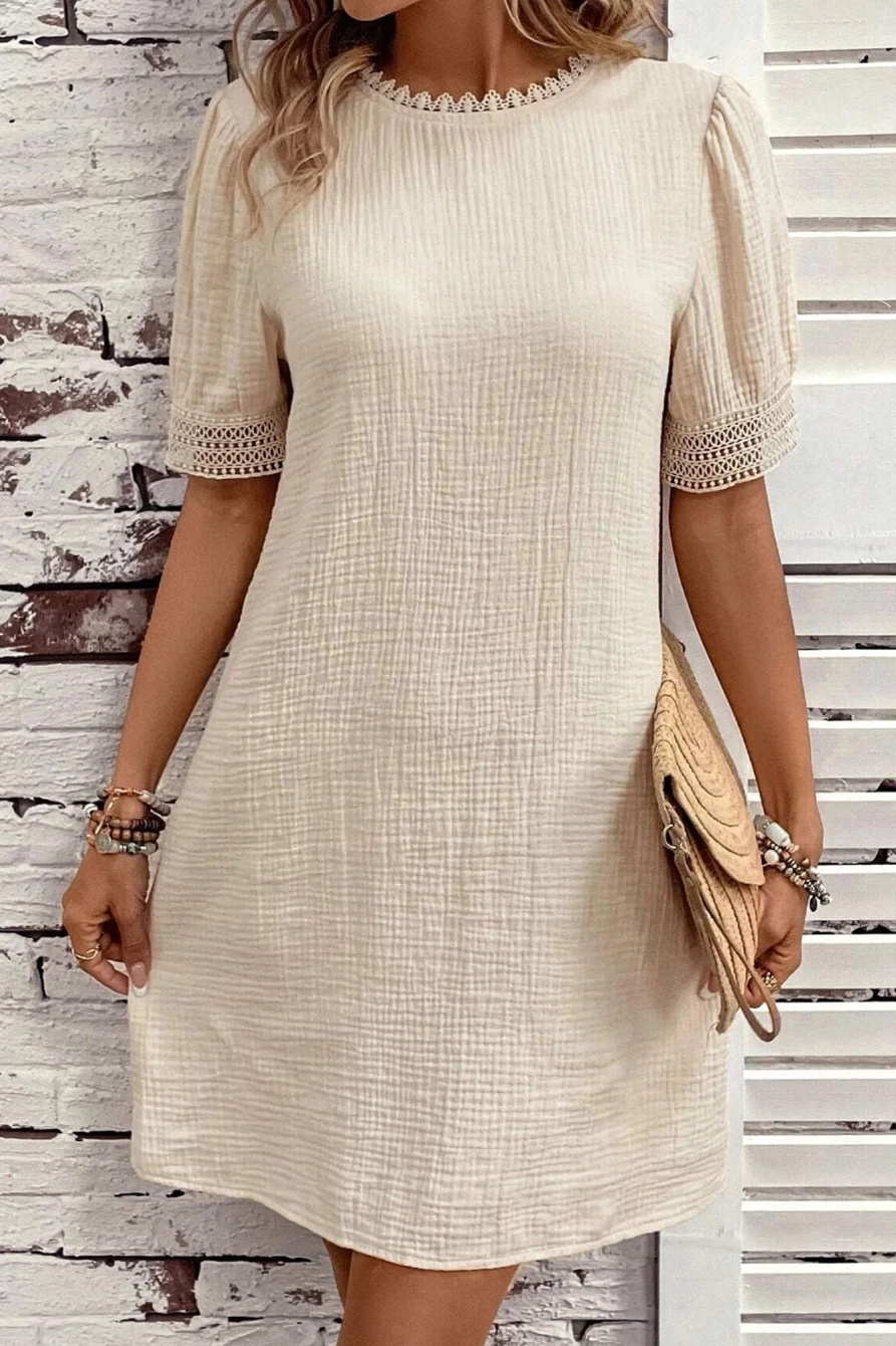 Shewin Women's Beige Crinkled Lace Trim Puff Sleeve Mini Dress with Splicing Detail
