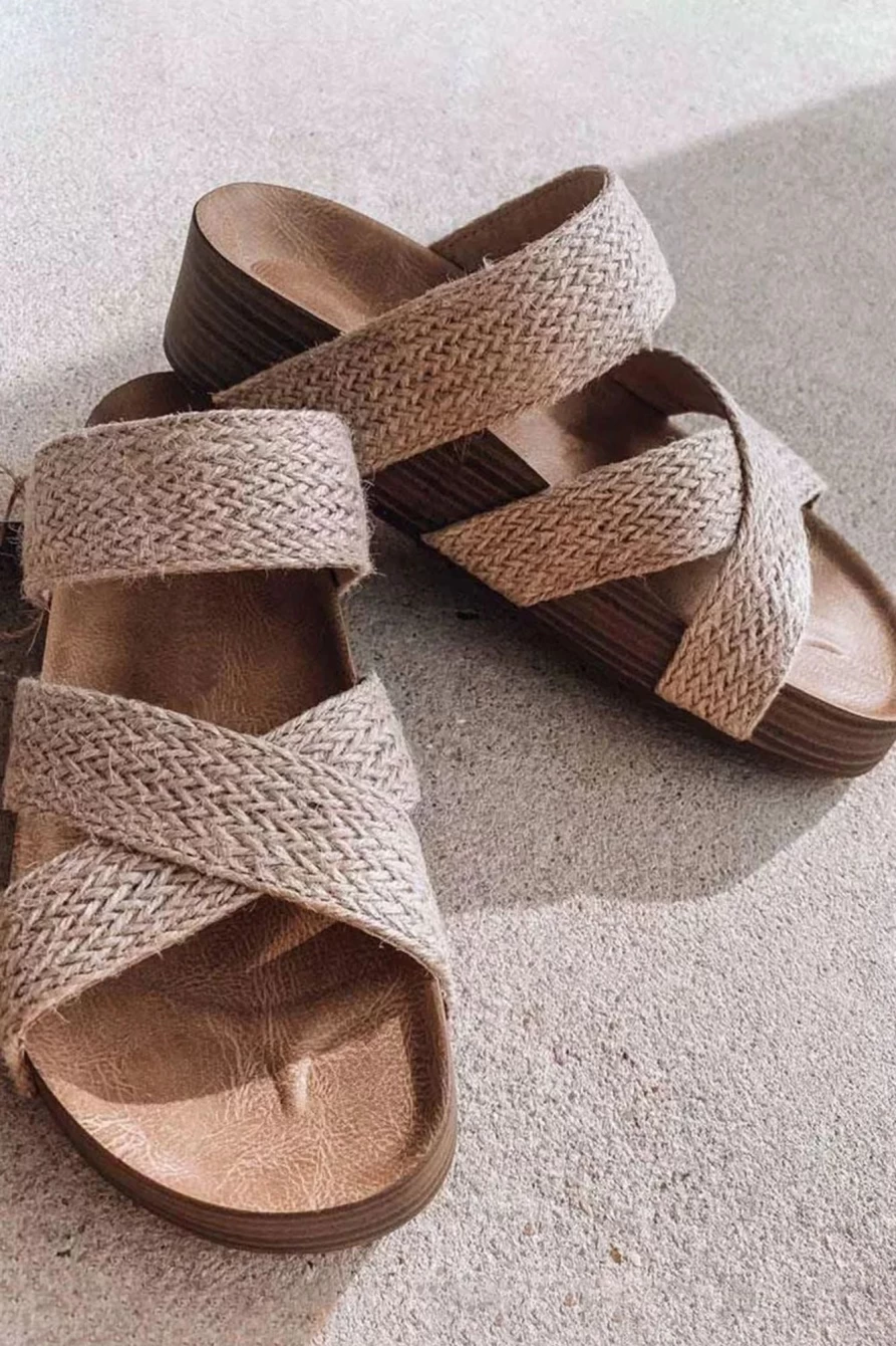 Shewin Women's Beige Woven Criss Cross Strap Platform Sandals Slip-On Shoes