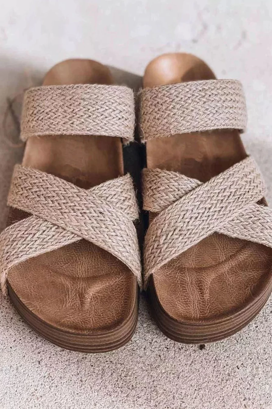 Shewin Women's Beige Woven Criss Cross Strap Platform Sandals Slip-On Shoes
