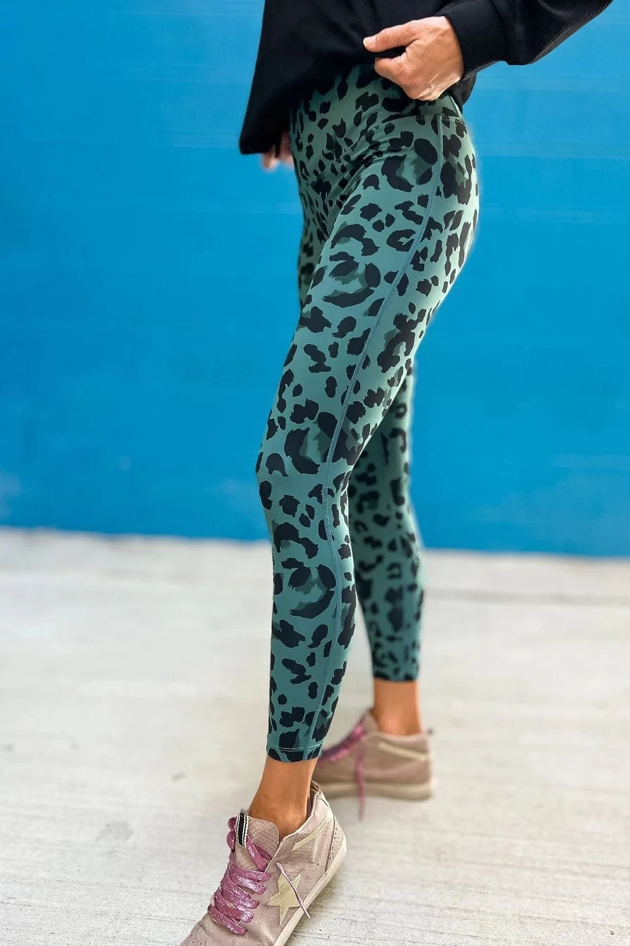 Shewin Women's Green Leopard Print High Waist Casual Leggings