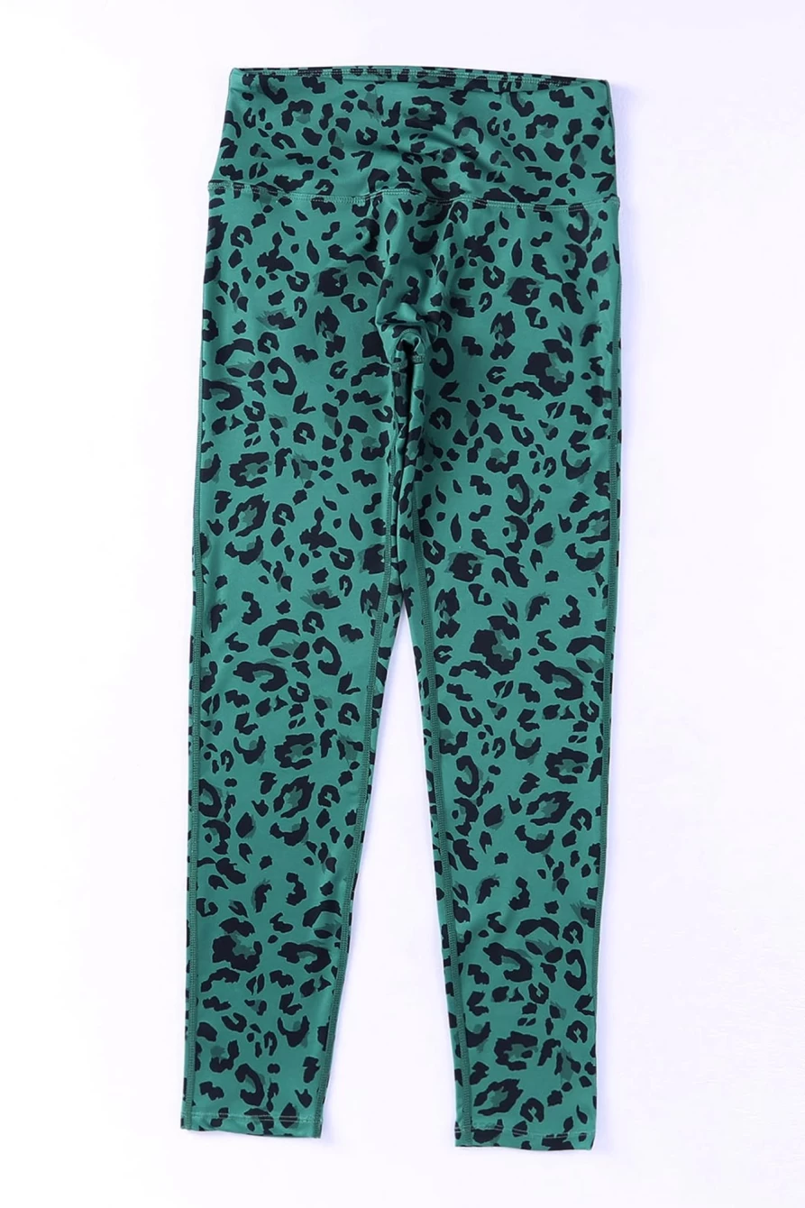 Shewin Women's Green Leopard Print High Waist Casual Leggings