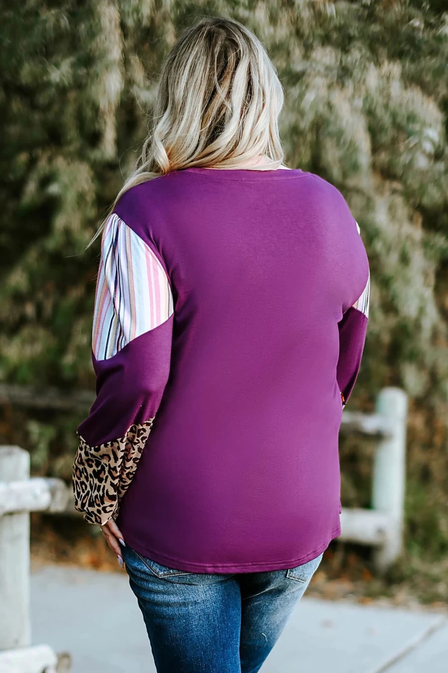 Shewin Women's Purple Plus Size Color Block Leopard Print Top with Striped Sleeves