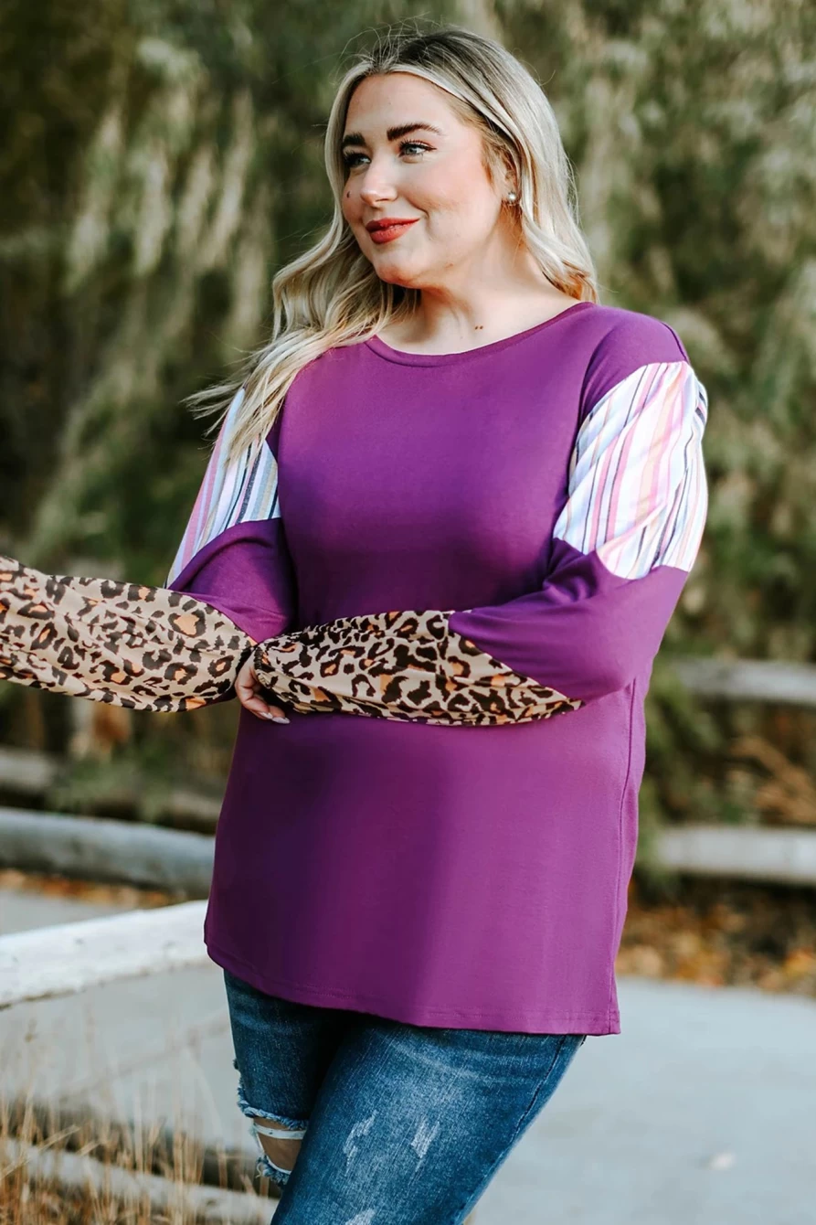 Shewin Women's Purple Plus Size Color Block Leopard Print Top with Striped Sleeves