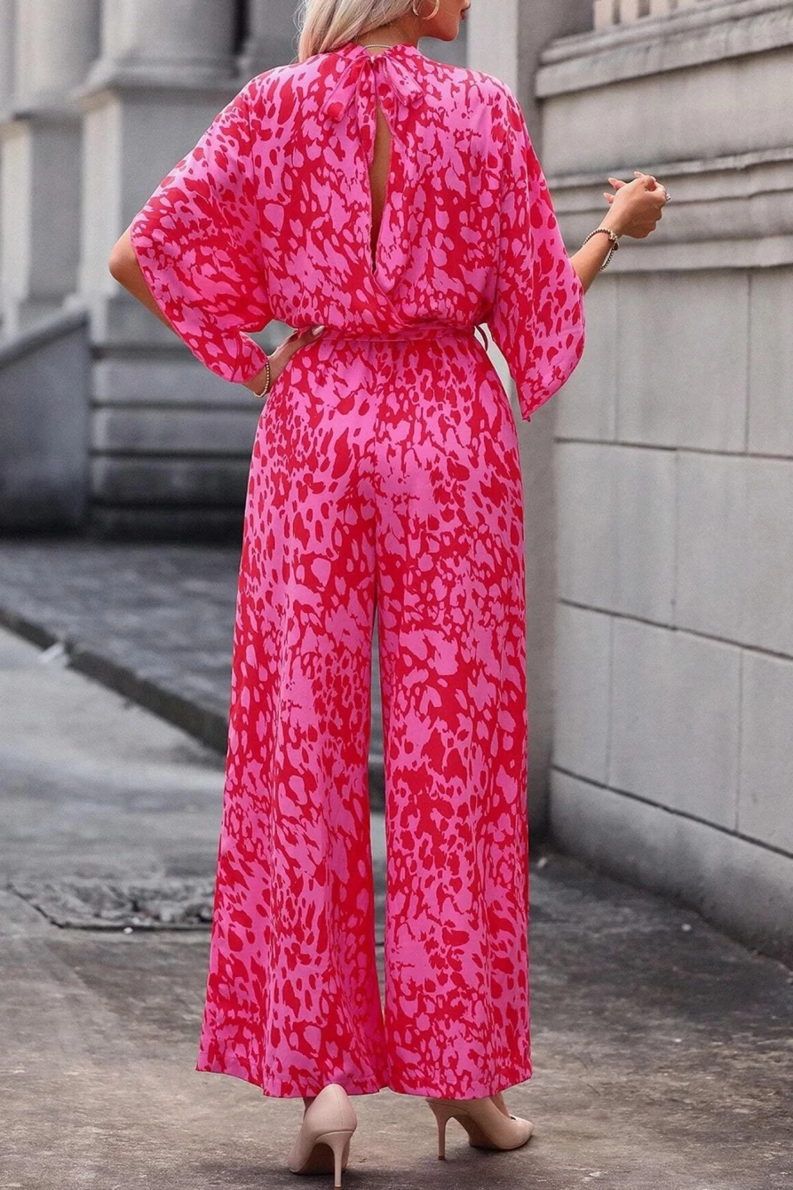 Shewin Women's Rose Leopard Print Flounce Sleeve Belted Wide Leg Jumpsuit