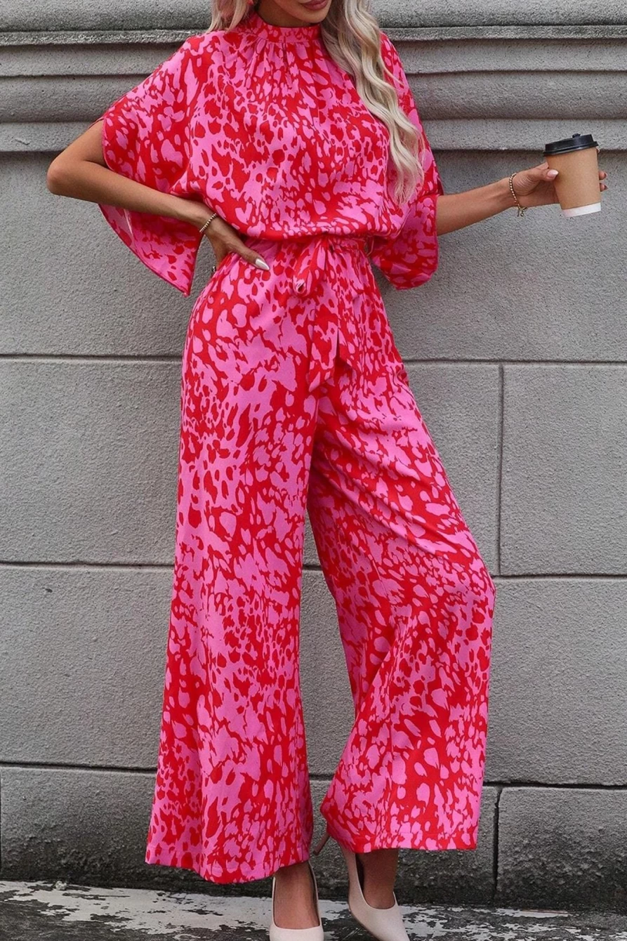 Shewin Women's Rose Leopard Print Flounce Sleeve Belted Wide Leg Jumpsuit
