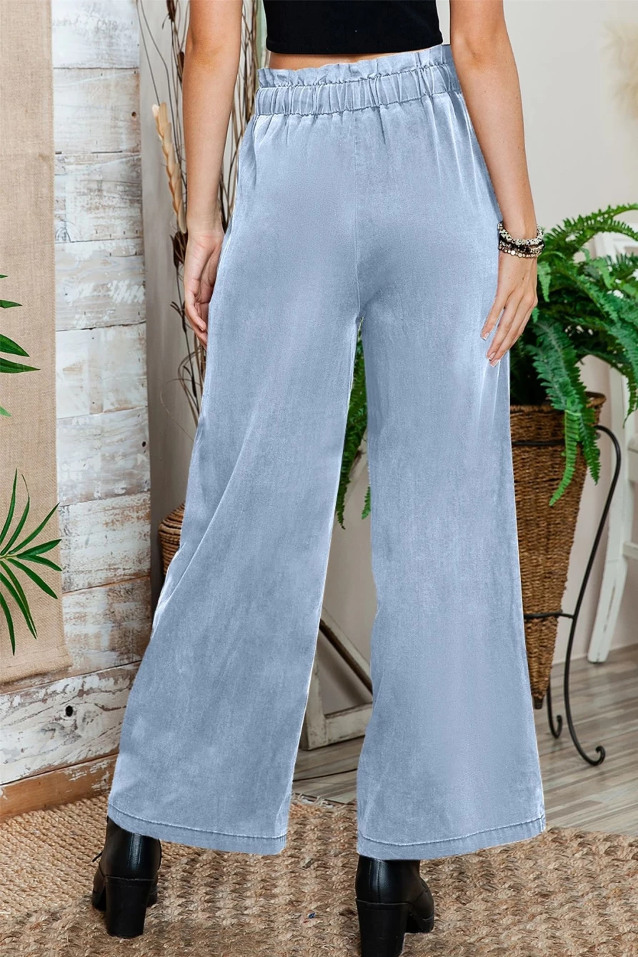 Shewin Women's Sky Blue High Waist Wide Leg Tencel Jeans with Pockets