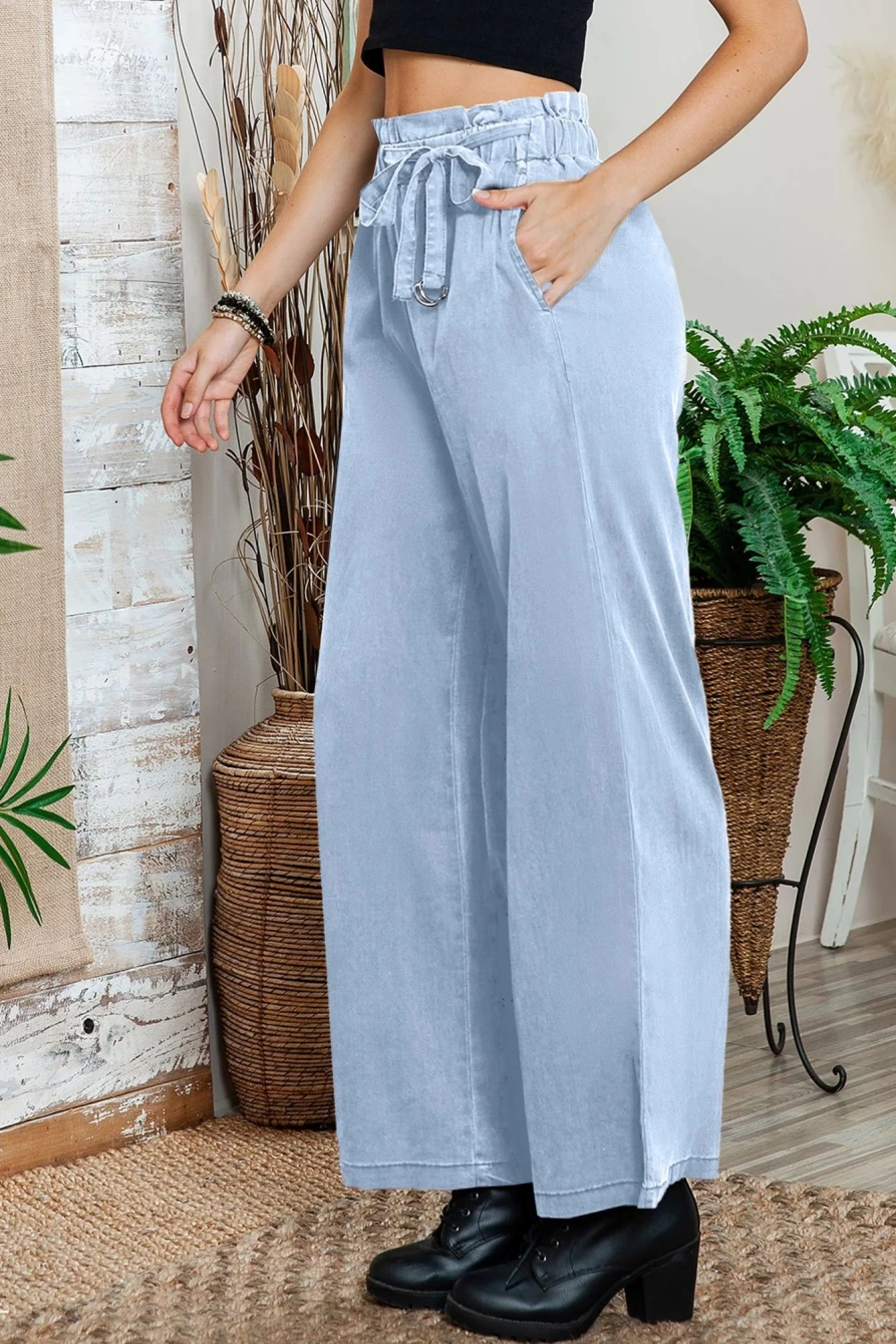 Shewin Women's Sky Blue High Waist Wide Leg Tencel Jeans with Pockets