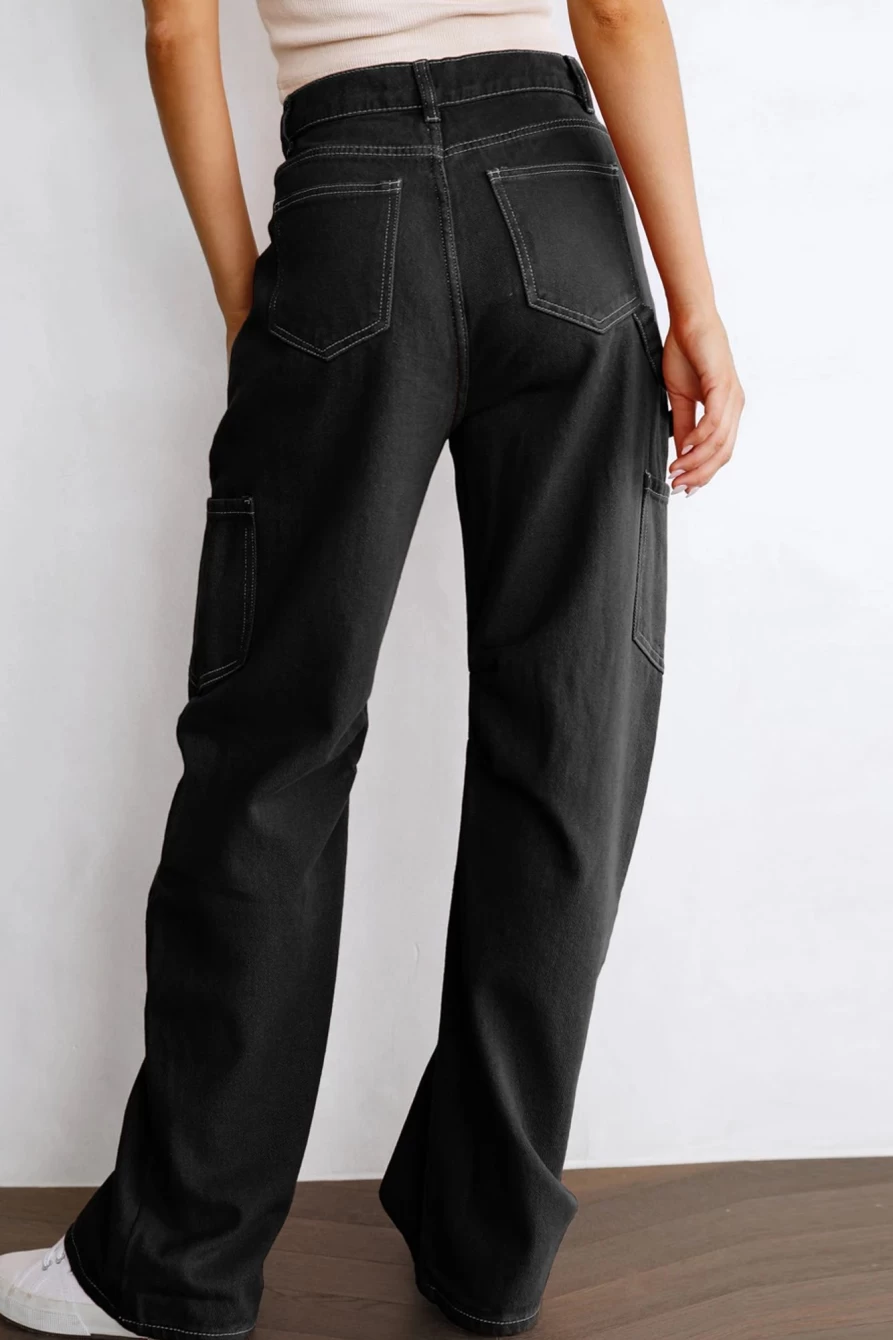 Shewin Women's Black High Waisted Denim Cargo Pants Straight Leg