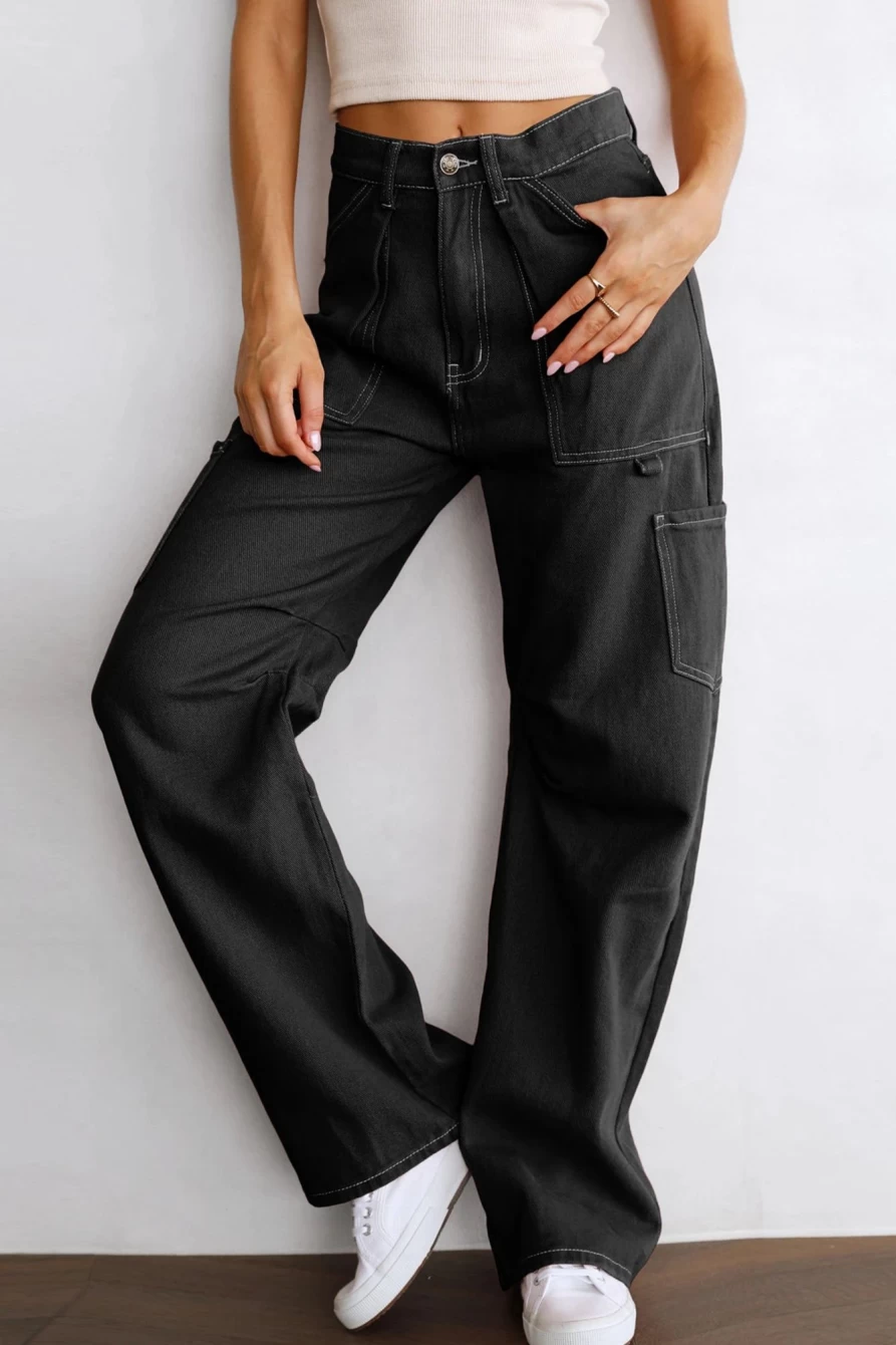 Shewin Women's Black High Waisted Denim Cargo Pants Straight Leg