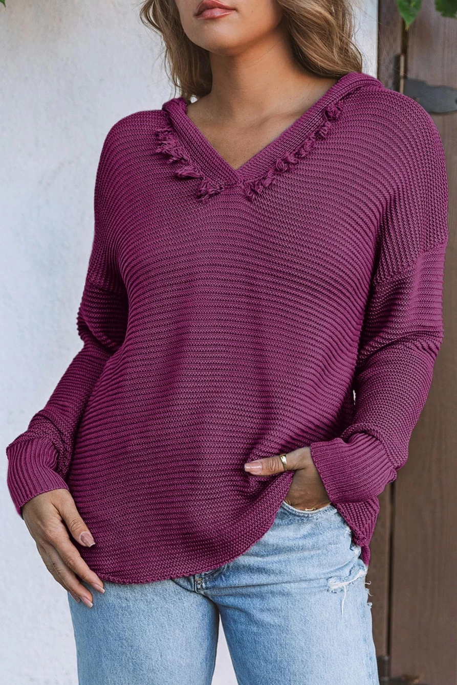 Shewin Women's Purple Split V-Neck Knit Sweater Hoodie Pullover