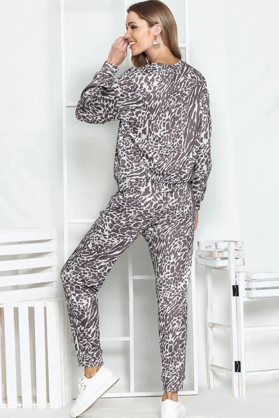 Shewin Women's Leopard Print Long Sleeve Top & Drawstring Pants Loungewear Set