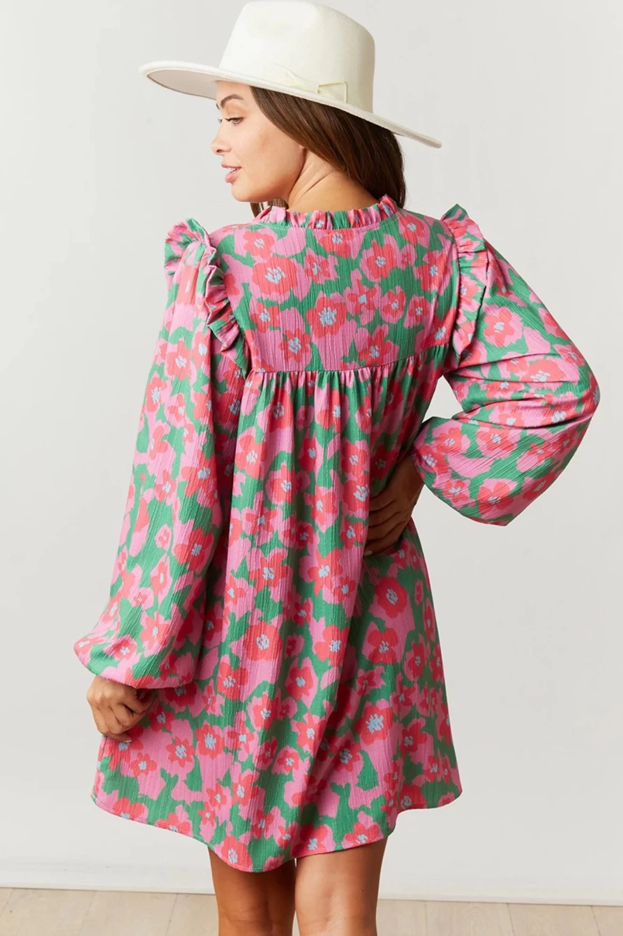 Shewin Women's Pink Floral Print Frill Notch Neck Ruffled Tunic Dress