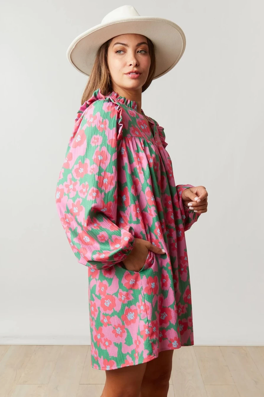 Shewin Women's Pink Floral Print Frill Notch Neck Ruffled Tunic Dress