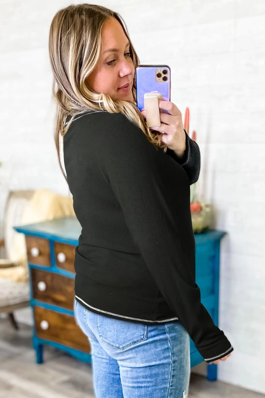 Shewin Women's Black Plus Size Ribbed Henley Top with Contrast Topstitching