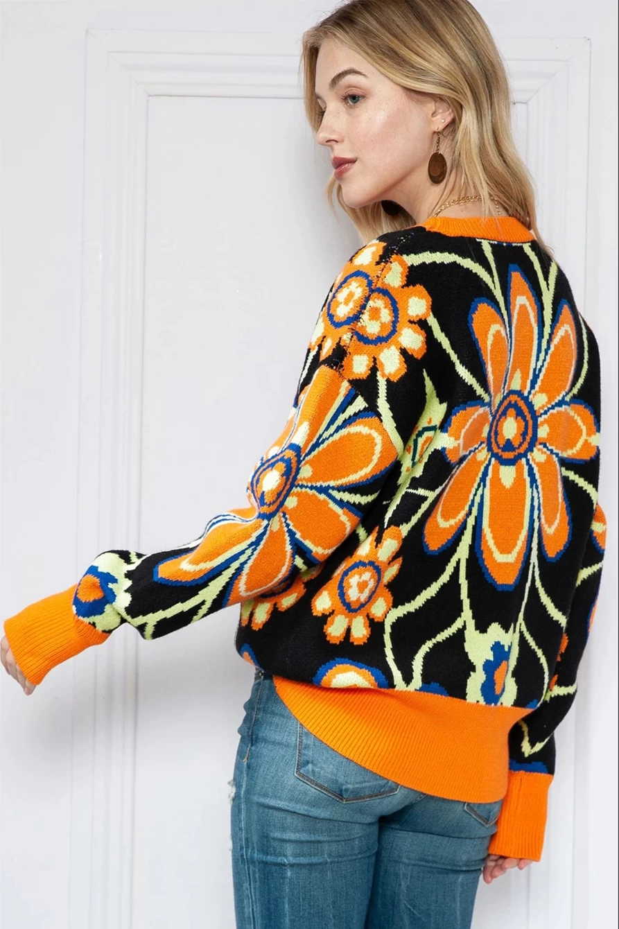 Shewin Women's Citrus Floral Print Ribbed Trim Knit Sweater