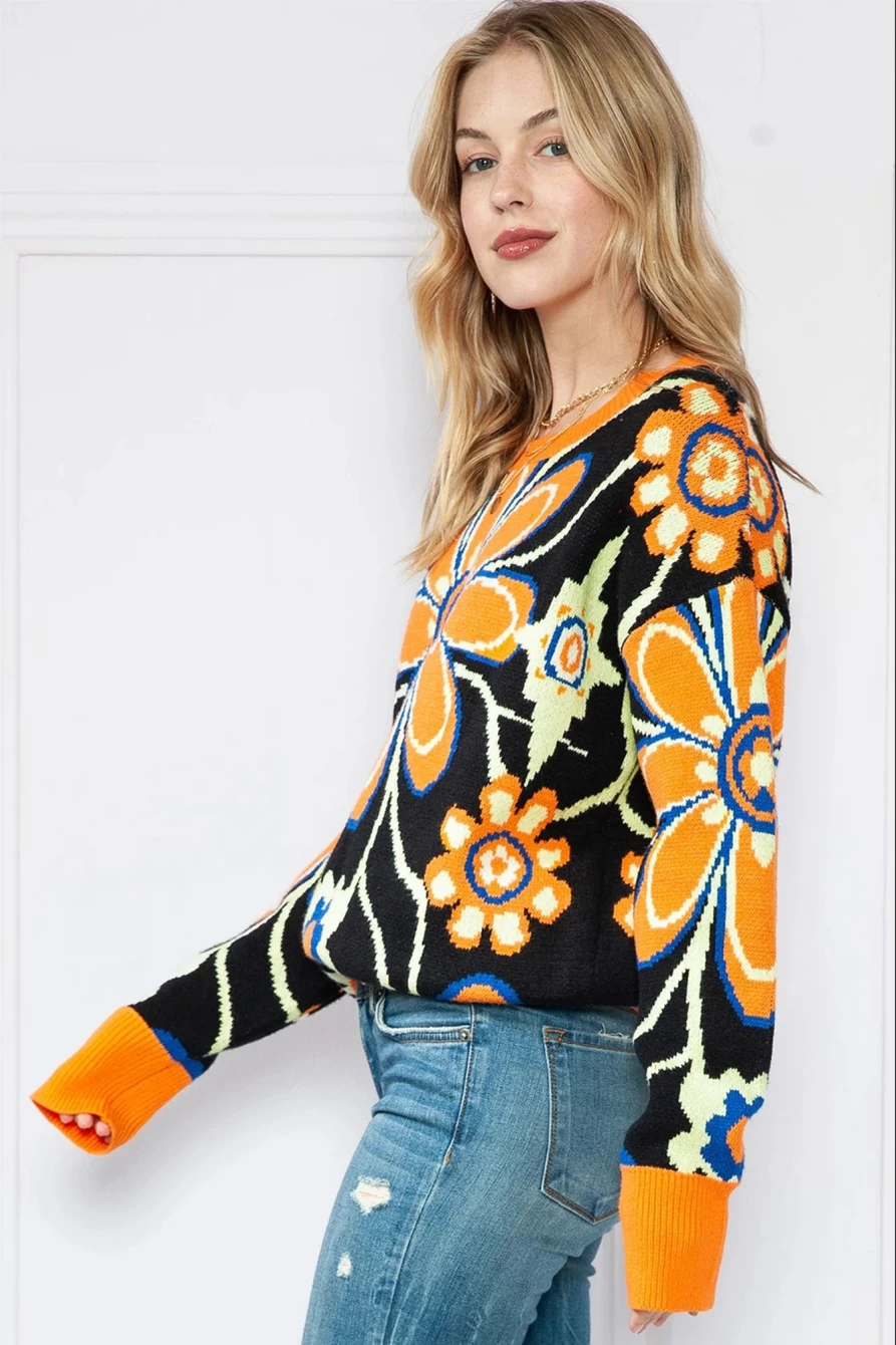 Shewin Women's Citrus Floral Print Ribbed Trim Knit Sweater