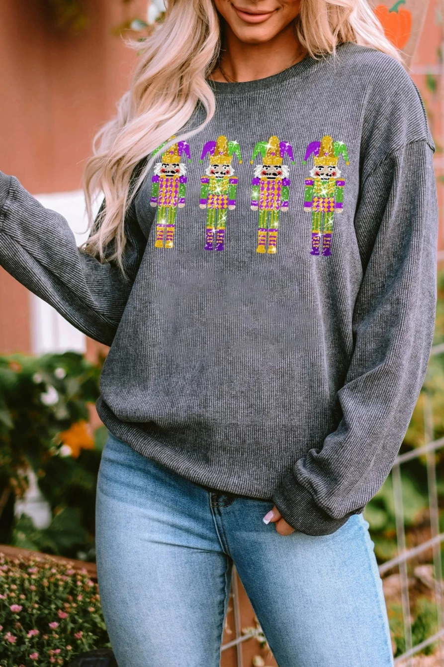 Women's Gray Sequin Nutcracker Graphic Sweatshirt - Corded Mardi Gras Patch Design by Shewin