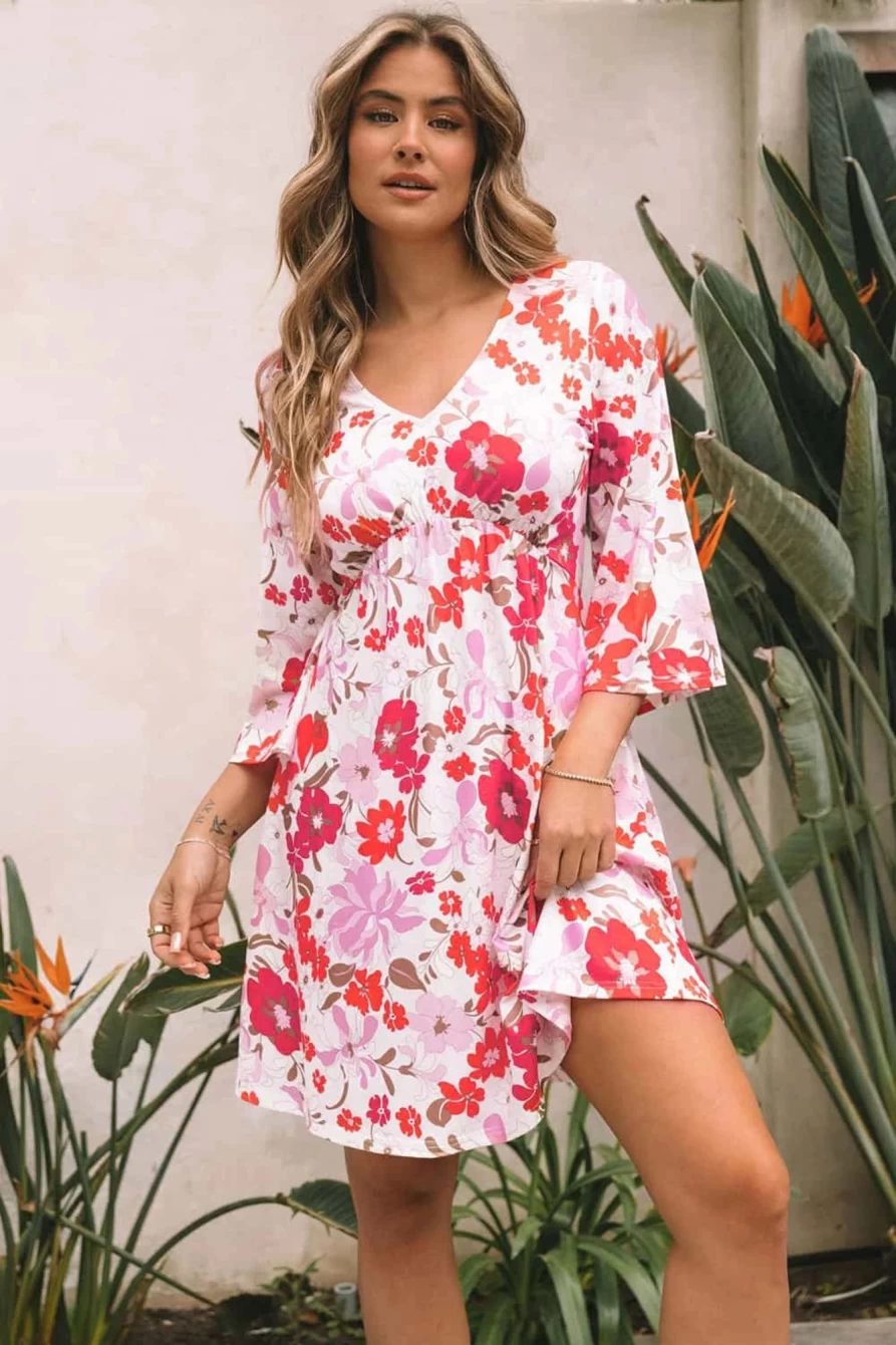 Shewin Women's Orange Floral Print V-Neck Flutter Sleeve Empire Waist Dress