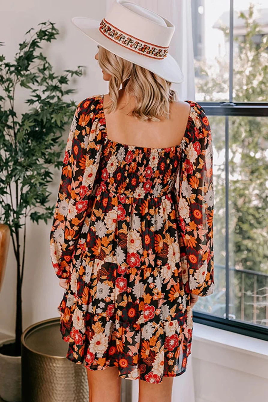 Shewin Women's Floral Smocked High Waist Long Sleeve Dress - Multicolour