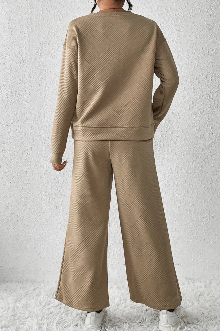 Shewin Women's Apricot Khaki Textured Loose Slouchy Long Sleeve Top and Pants Set