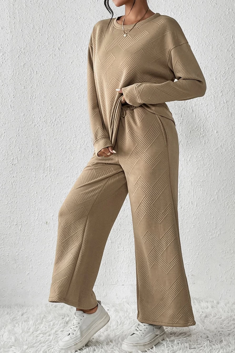 Shewin Women's Apricot Khaki Textured Loose Slouchy Long Sleeve Top and Pants Set
