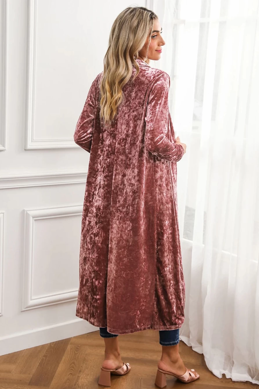 Shewin Women's Pink Velvet Lapel Open Front Duster Coat