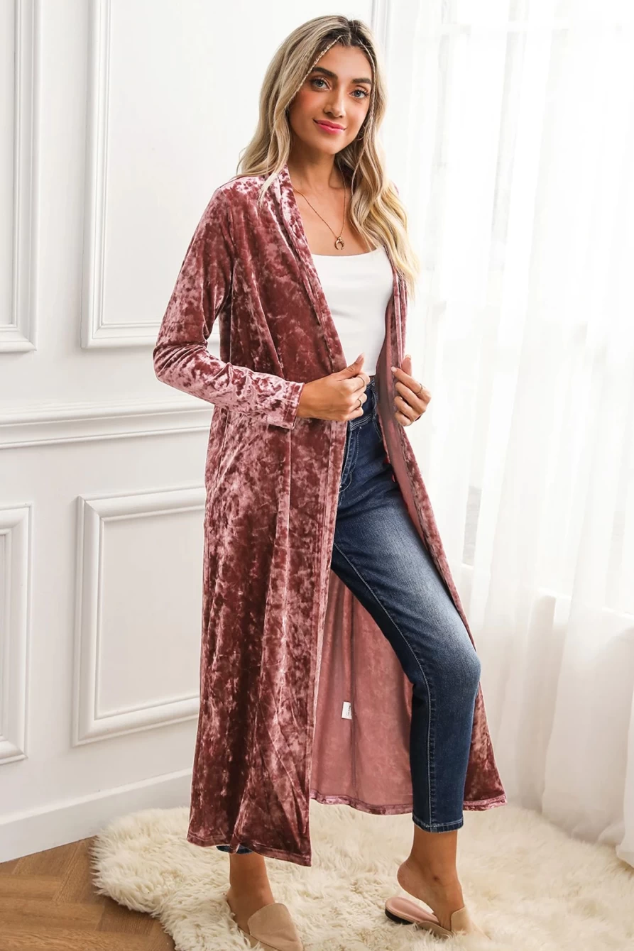 Shewin Women's Pink Velvet Lapel Open Front Duster Coat