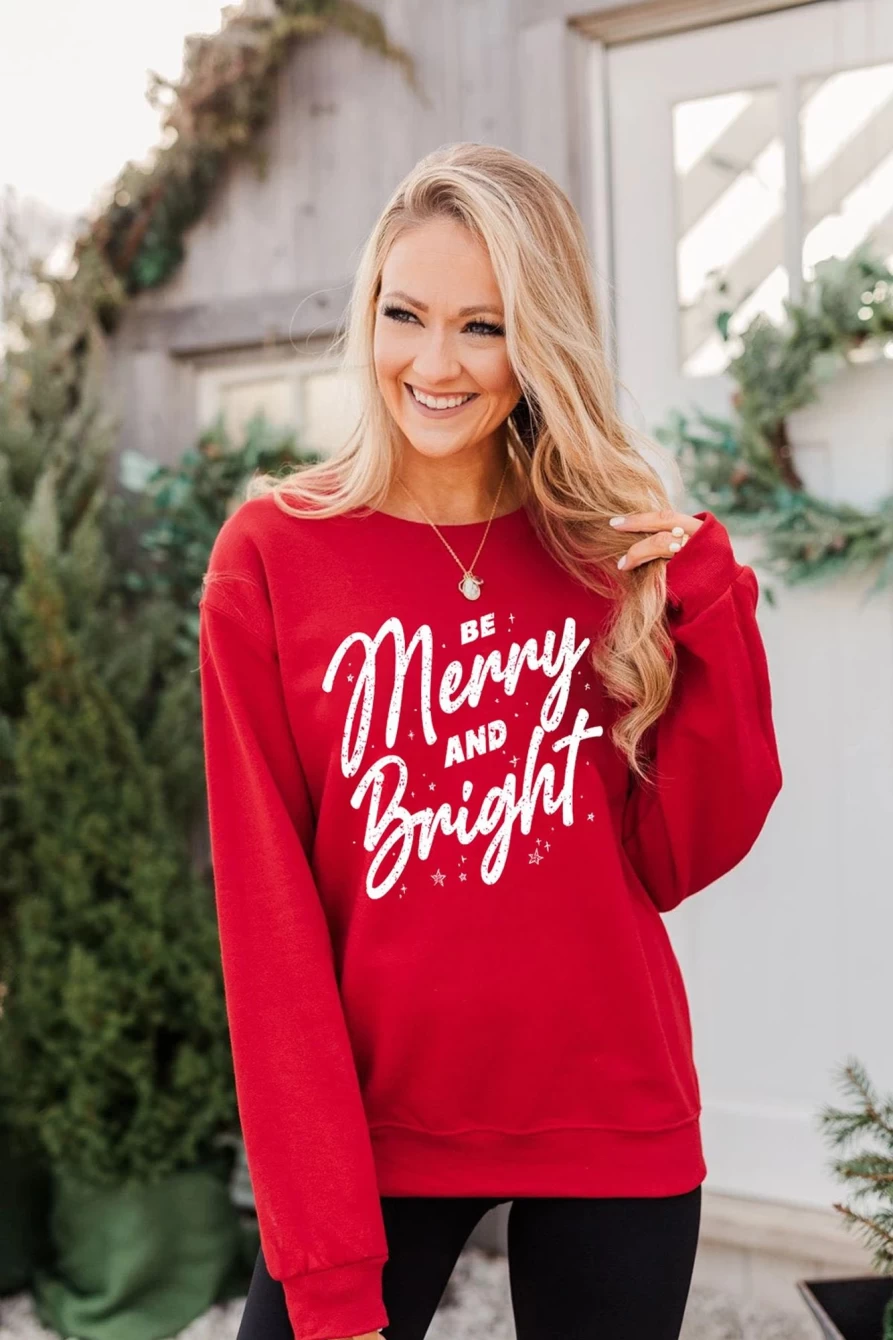 "SheWin Women's Red-2 Merry And Bright Christmas Graphic Sweatshirt"