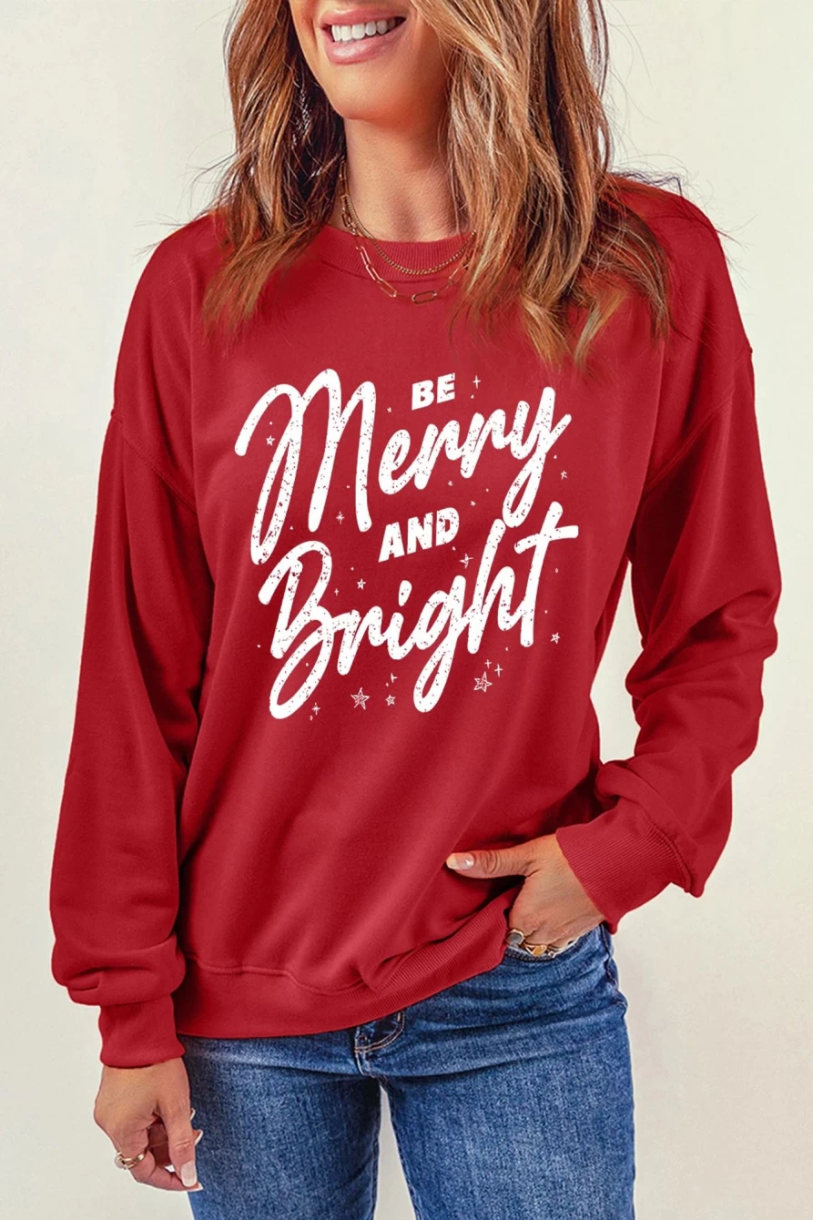 "SheWin Women's Red-2 Merry And Bright Christmas Graphic Sweatshirt"