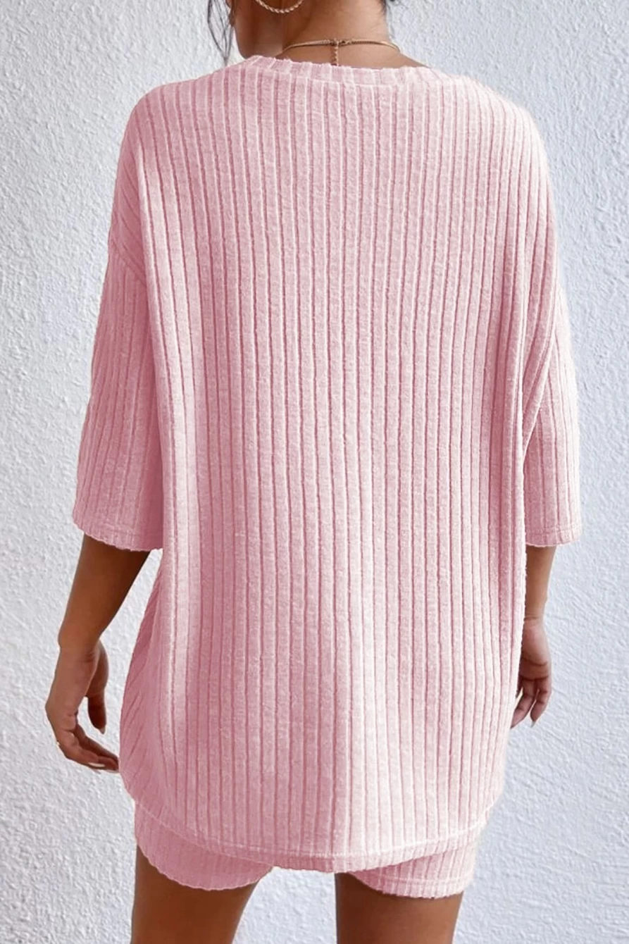 Shewin Women's Pink Ribbed Knit Drop Shoulder T-Shirt & Shorts Set