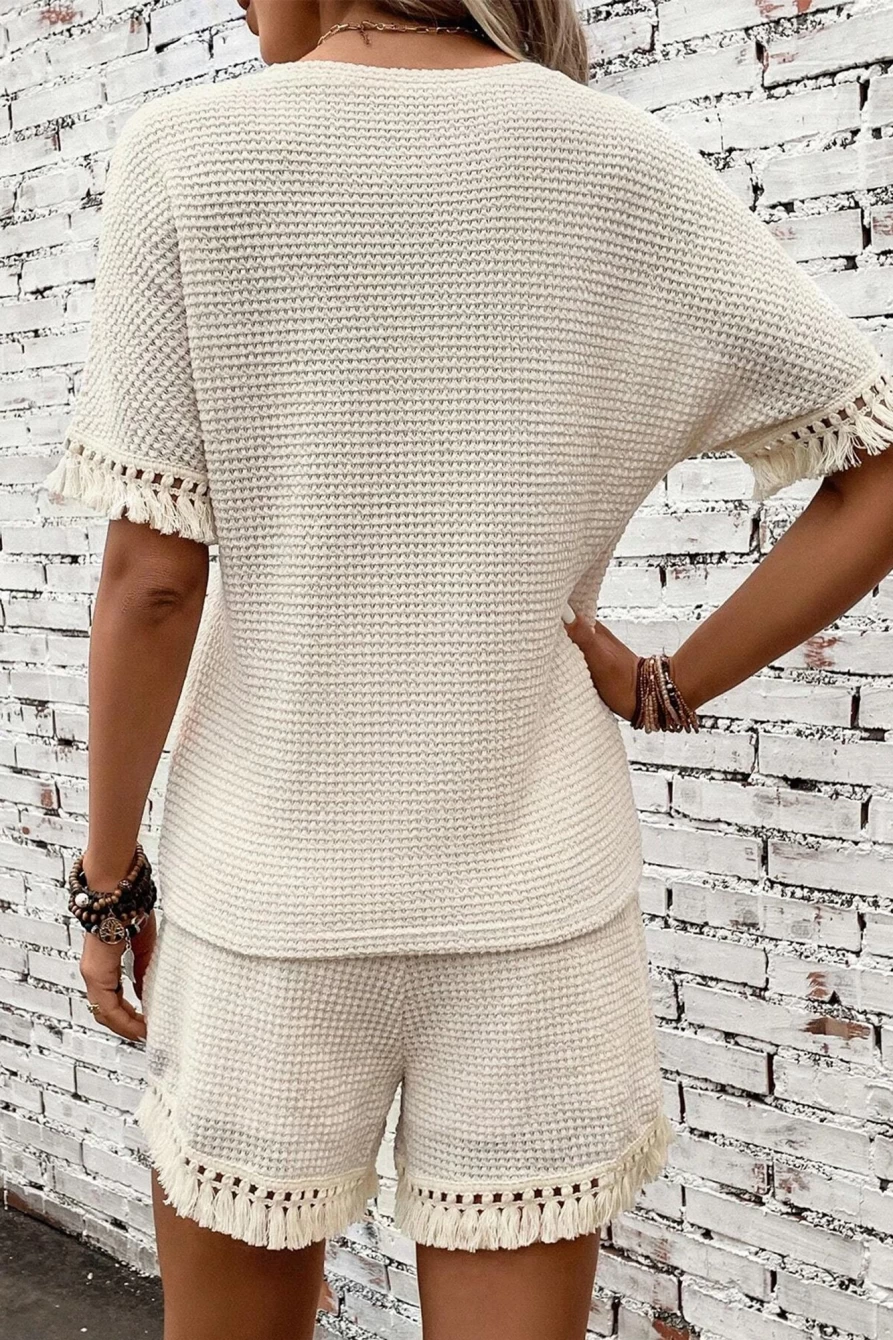 Shewin Women's Beige Waffle Knit Shorts Set with Fringe Trim - Textured Summer Outfit