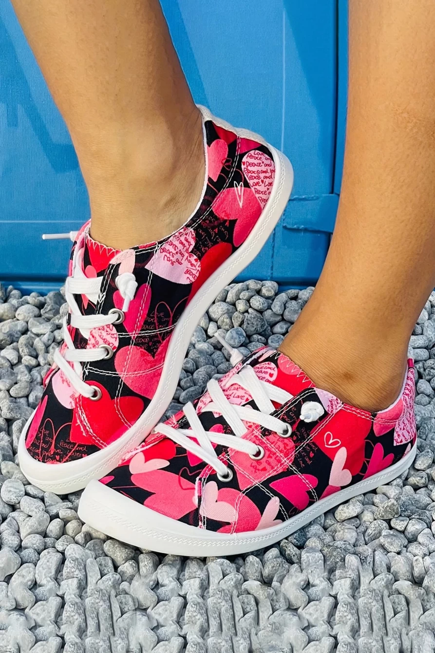 Shewin Women's Fiery Red Heart Print Slip-On Canvas Shoes for Valentine's Day