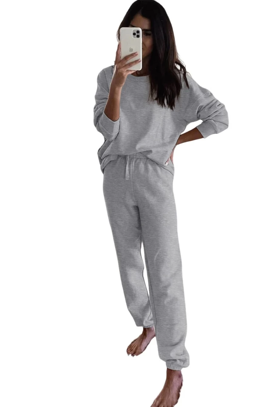 Shewin Women's Gray Long Sleeve Top & Drawstring Pants Two-Piece Lounge Set
