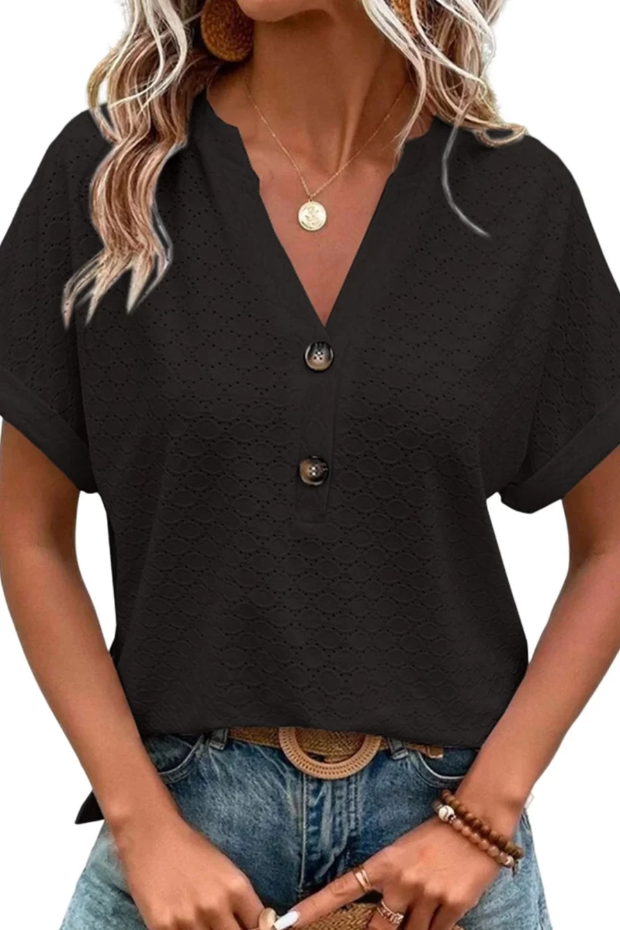 Shewin Women's Black Button V-Neck Eyelet Blouse Solid Color Top