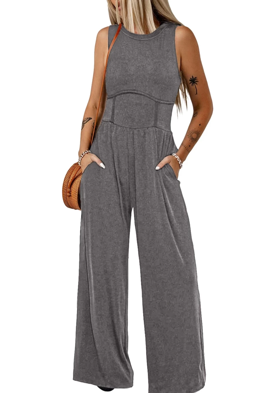 Women's Shewin Medium Grey Sleeveless High Waist Wide Leg Jumpsuit - Casual Summer Romper