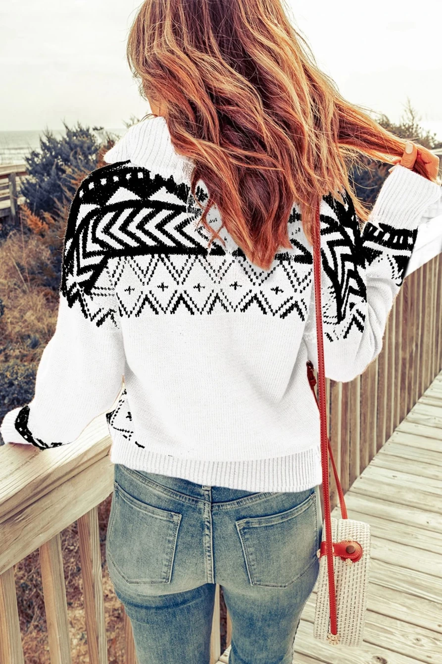 Shewin Women's White Geometric Collared Quarter Zip Sweater