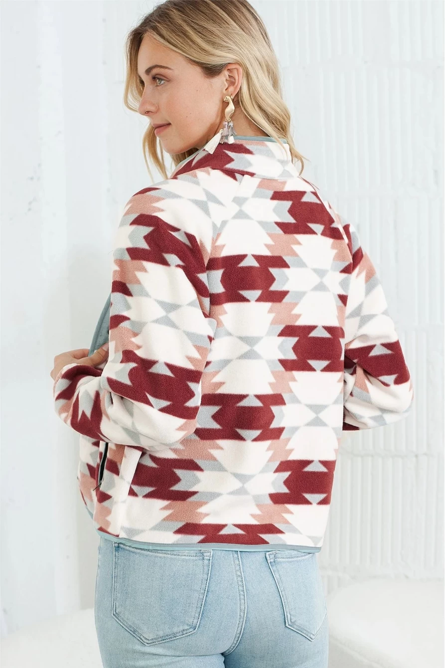 Women's Red Geometric Print Fleece Jacket with Snap Buttons & Zipper Pockets | Shewin